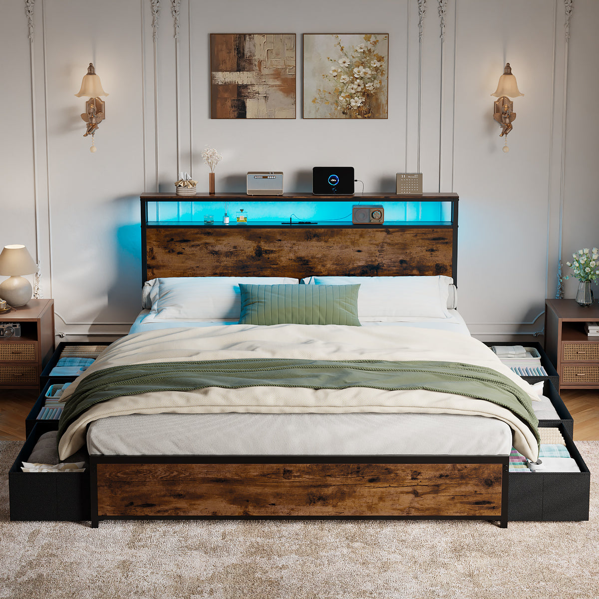 Forestell Queen Bed Frame with Headboard & 6 Drawers, Metal Platform Bed Frame Queen Size with Charging Station,LED Lights,2 Tier Shelf Storage Bedframe-No Box Spring Needed,Noise Free,Rustic Brown
