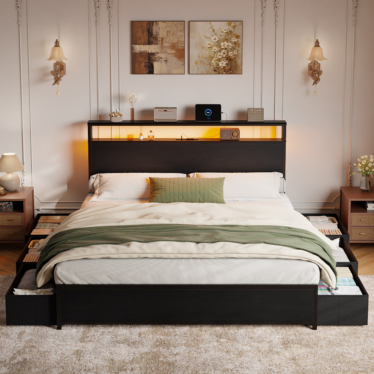 Forestell Queen Bed Frame with Headboard & 6 Drawers, Metal Platform Bed Frame Queen Size with LED Lights & Charging Station, 2 Tier Shelf Storage Bedframe-No Box Spring Needed, Noise Free, Black