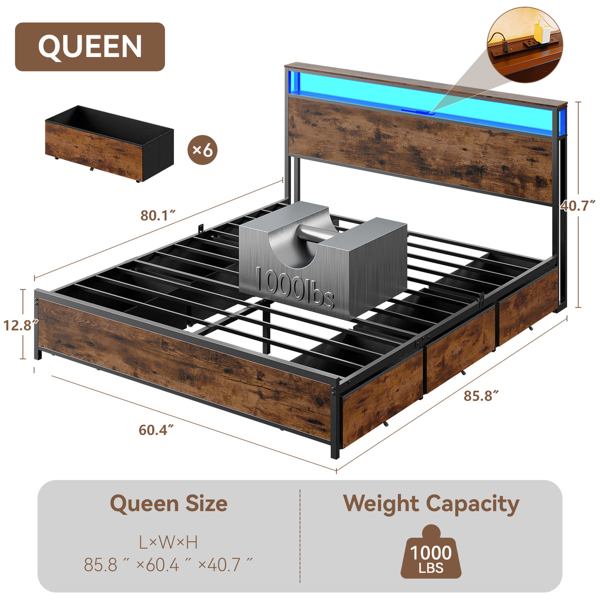 Forestell Queen Bed Frame with Headboard & 6 Drawers, Metal Platform Bed Frame Queen Size with Charging Station,LED Lights,2 Tier Shelf Storage Bedframe-No Box Spring Needed,Noise Free,Rustic Brown