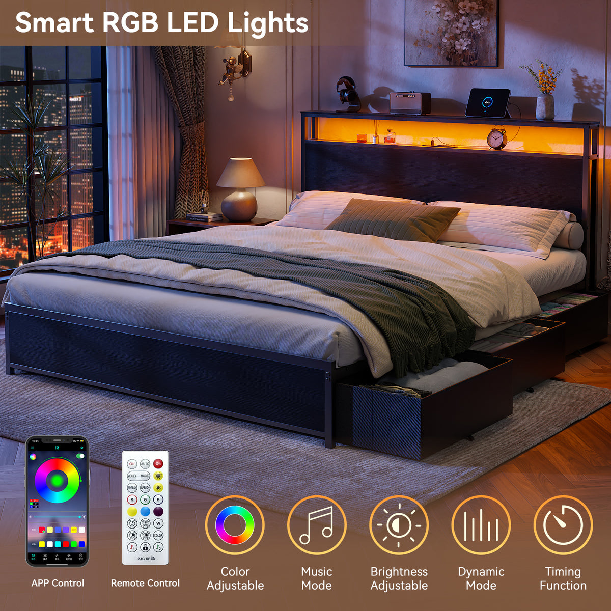 Forestell Queen Bed Frame with Headboard & 6 Drawers, Metal Platform Bed Frame Queen Size with LED Lights & Charging Station, 2 Tier Shelf Storage Bedframe-No Box Spring Needed, Noise Free, Black