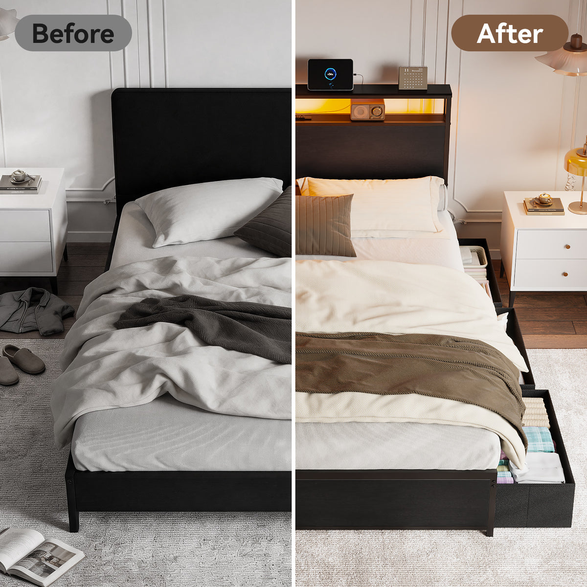 Forestell Queen Bed Frame with Headboard & 6 Drawers, Metal Platform Bed Frame Queen Size with LED Lights & Charging Station, 2 Tier Shelf Storage Bedframe-No Box Spring Needed, Noise Free, Black