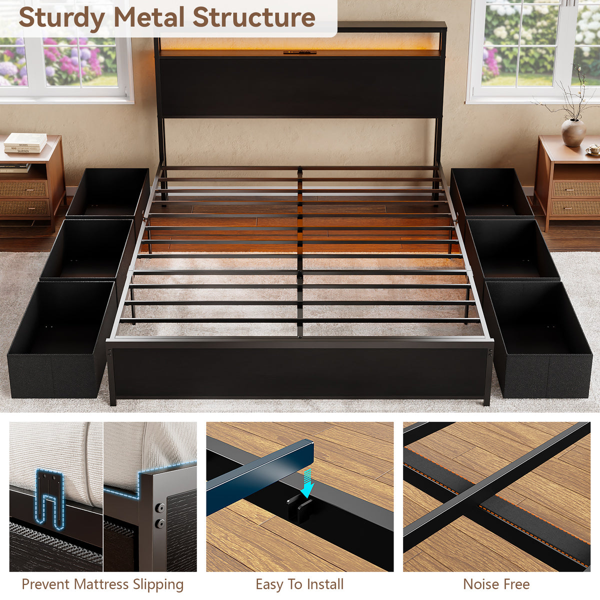 Forestell Queen Bed Frame with Headboard & 6 Drawers, Metal Platform Bed Frame Queen Size with LED Lights & Charging Station, 2 Tier Shelf Storage Bedframe-No Box Spring Needed, Noise Free, Black