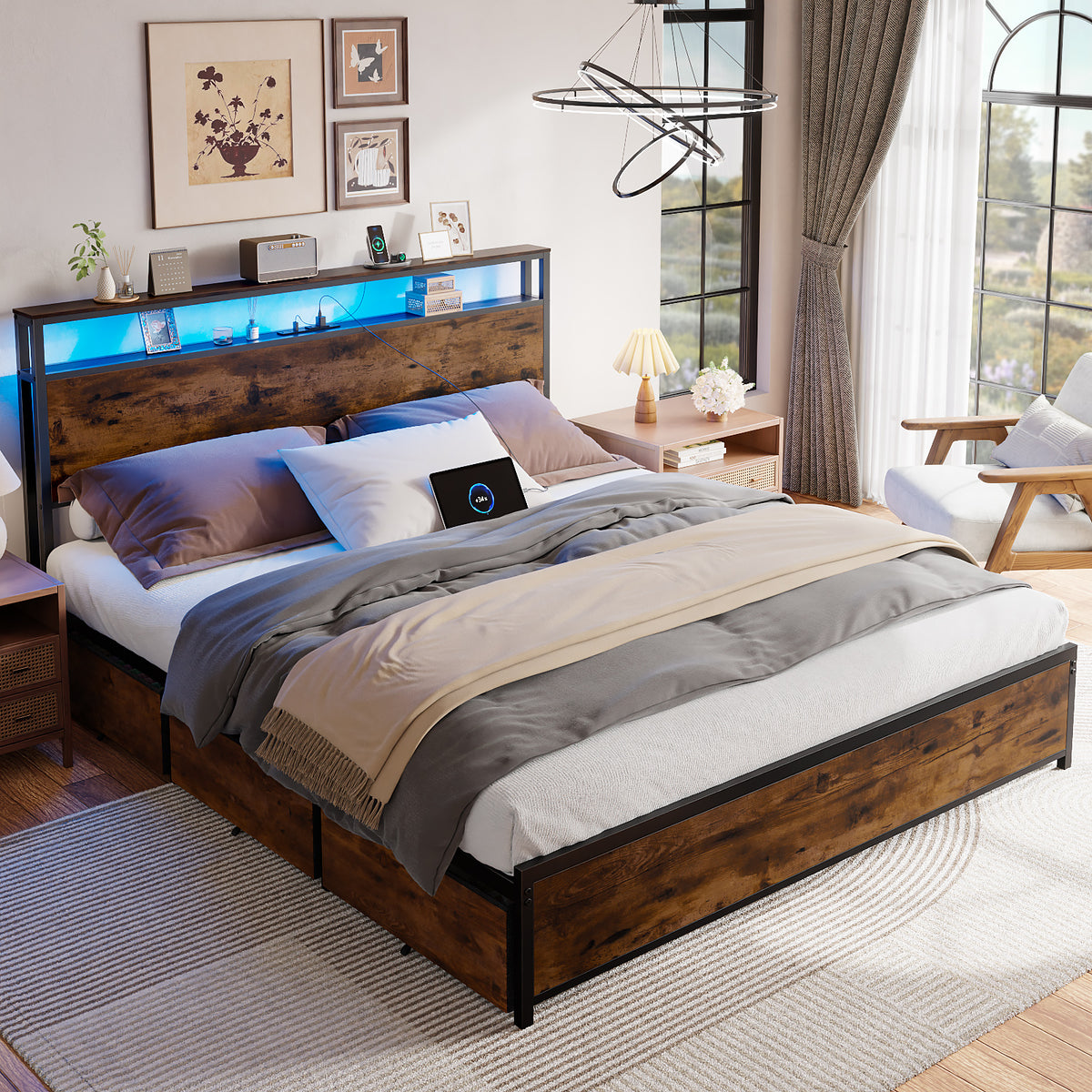 Forestell Queen Bed Frame with Headboard & 6 Drawers, Metal Platform Bed Frame Queen Size with Charging Station,LED Lights,2 Tier Shelf Storage Bedframe-No Box Spring Needed,Noise Free,Rustic Brown