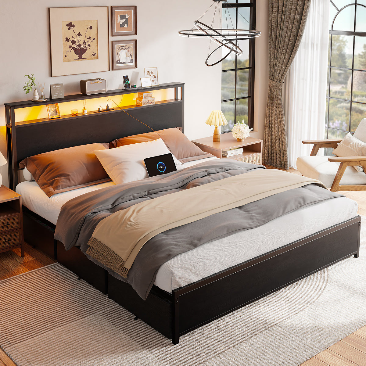 Forestell Queen Bed Frame with Headboard & 6 Drawers, Metal Platform Bed Frame Queen Size with LED Lights & Charging Station, 2 Tier Shelf Storage Bedframe-No Box Spring Needed, Noise Free, Black