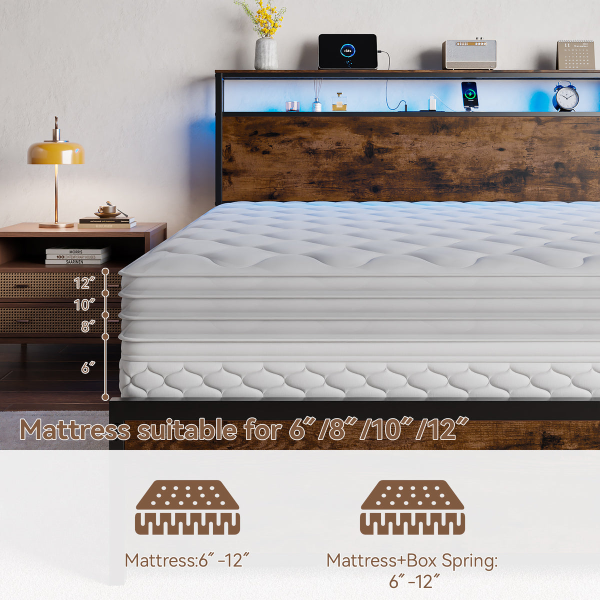 Forestell Queen Bed Frame with Headboard & 6 Drawers, Metal Platform Bed Frame Queen Size with Charging Station,LED Lights,2 Tier Shelf Storage Bedframe-No Box Spring Needed,Noise Free,Rustic Brown