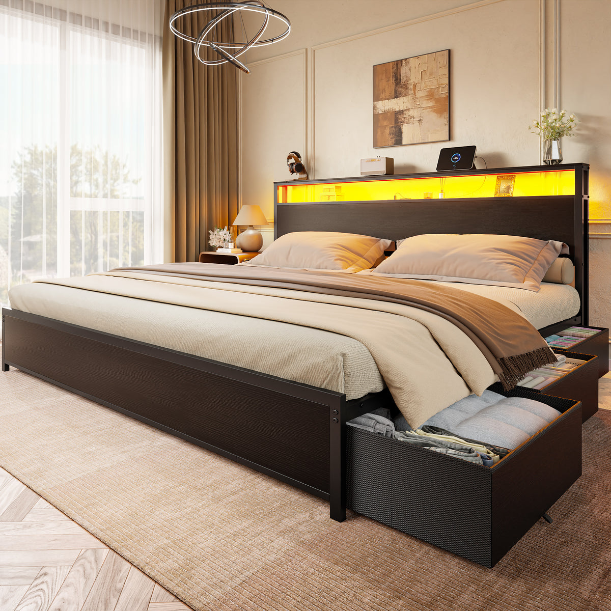Forestell King Size Bed Frame with Headboard & 6 Drawers, Metal Platform Bed Frame King Size with LED Lights & Charging Station, 2 Tier Shelf Storage Bedframe-No Box Spring Needed, Noise Free, Black