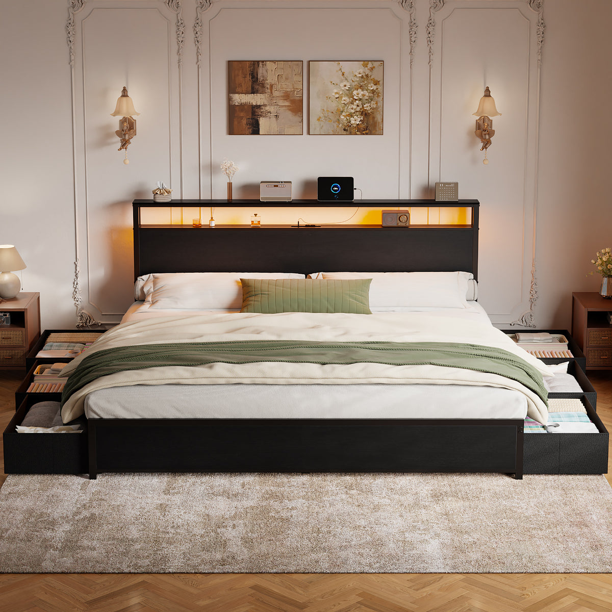 Forestell King Size Bed Frame with Headboard & 6 Drawers, Metal Platform Bed Frame King Size with LED Lights & Charging Station, 2 Tier Shelf Storage Bedframe-No Box Spring Needed, Noise Free, Black