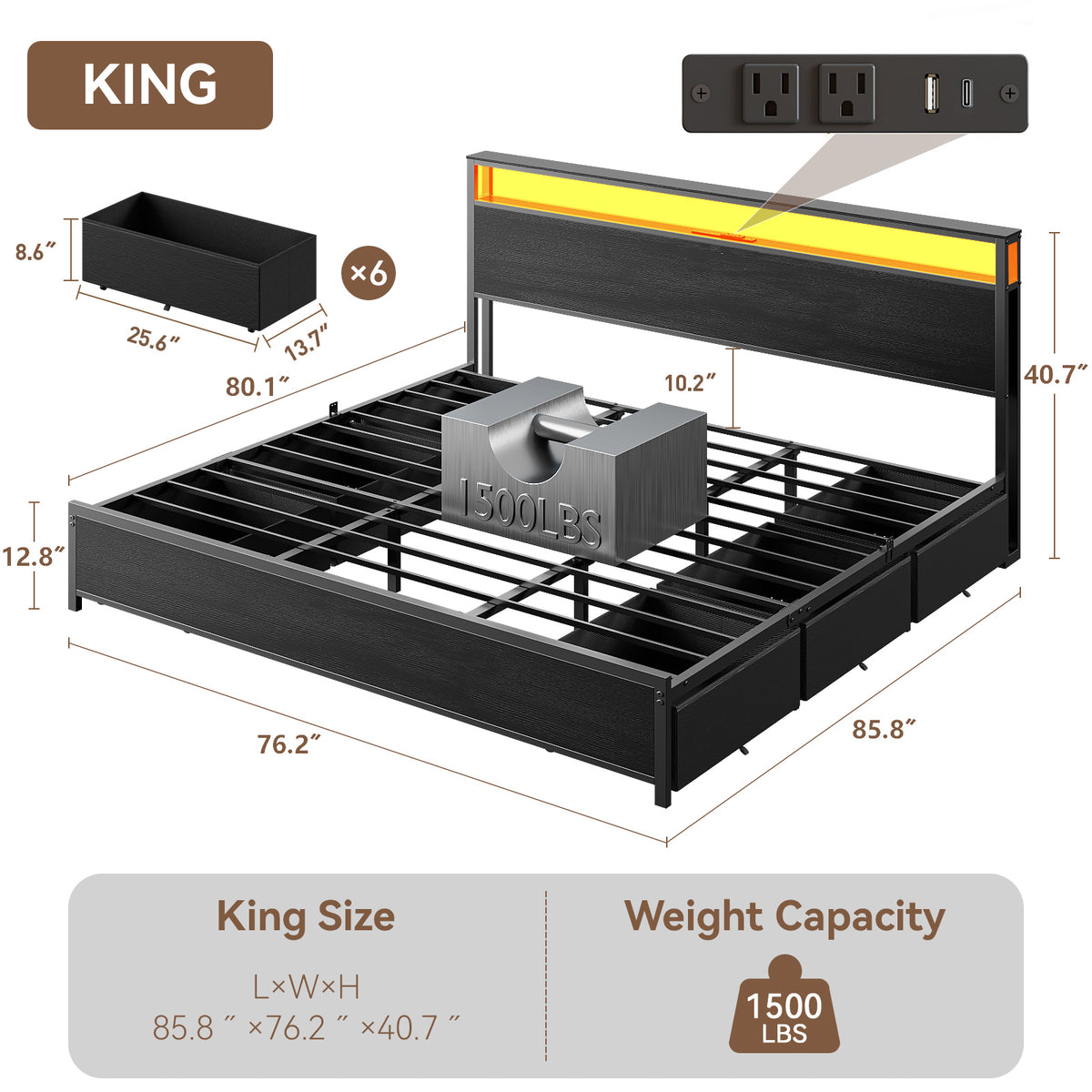 Forestell King Size Bed Frame with Headboard & 6 Drawers, Metal Platform Bed Frame King Size with LED Lights & Charging Station, 2 Tier Shelf Storage Bedframe-No Box Spring Needed, Noise Free, Black