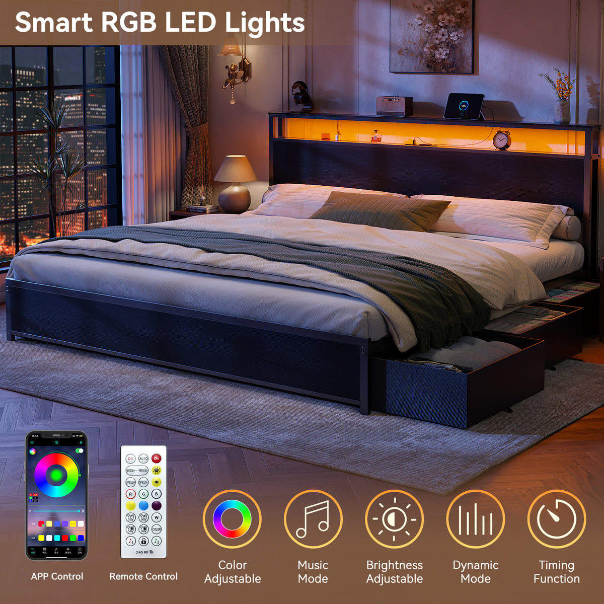 Forestell King Size Bed Frame with Headboard & 6 Drawers, Metal Platform Bed Frame King Size with LED Lights & Charging Station, 2 Tier Shelf Storage Bedframe-No Box Spring Needed, Noise Free, Black