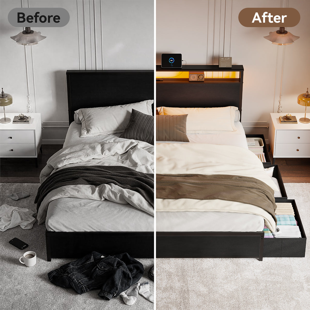 Forestell King Size Bed Frame with Headboard & 6 Drawers, Metal Platform Bed Frame King Size with LED Lights & Charging Station, 2 Tier Shelf Storage Bedframe-No Box Spring Needed, Noise Free, Black