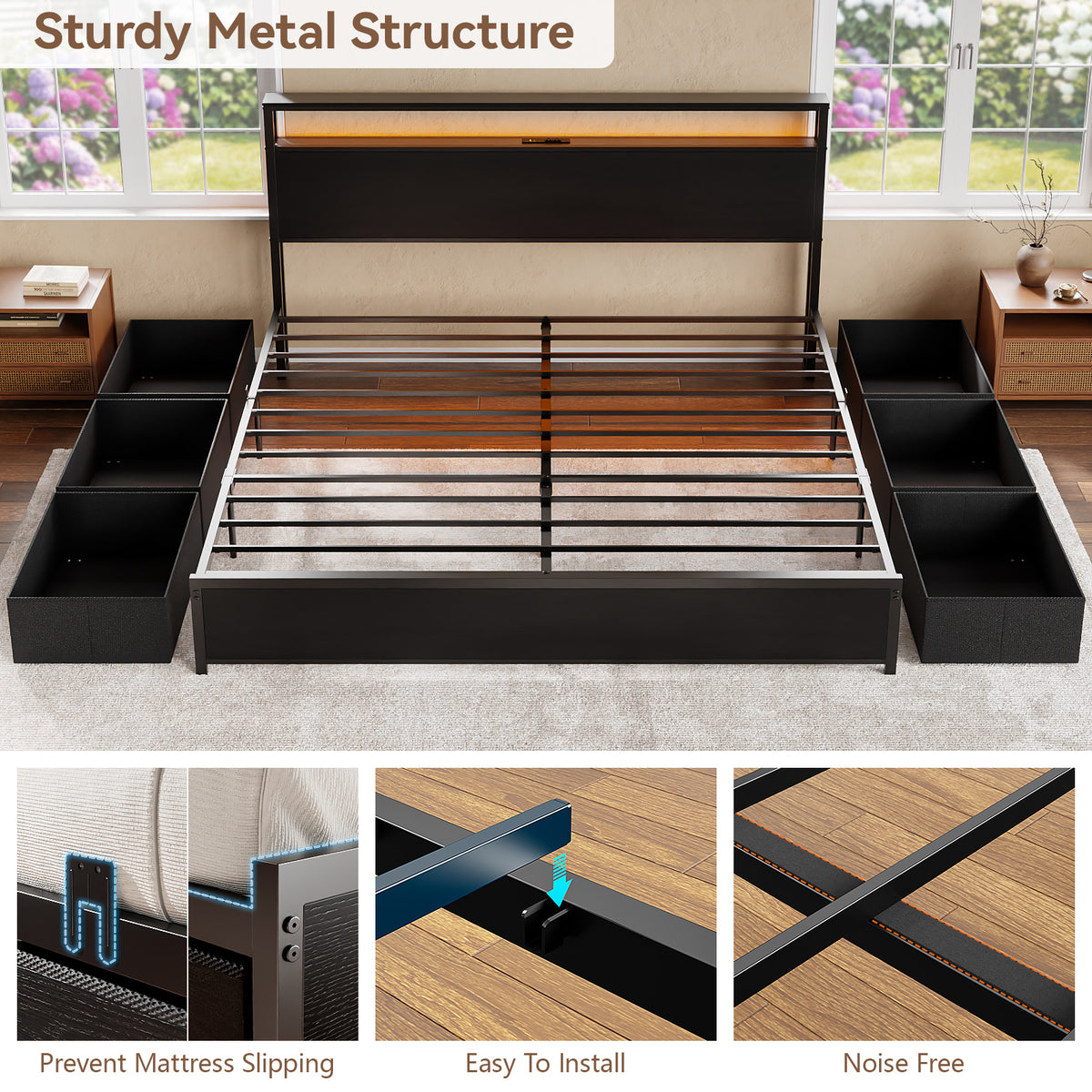 Forestell King Size Bed Frame with Headboard & 6 Drawers, Metal Platform Bed Frame King Size with LED Lights & Charging Station, 2 Tier Shelf Storage Bedframe-No Box Spring Needed, Noise Free, Black