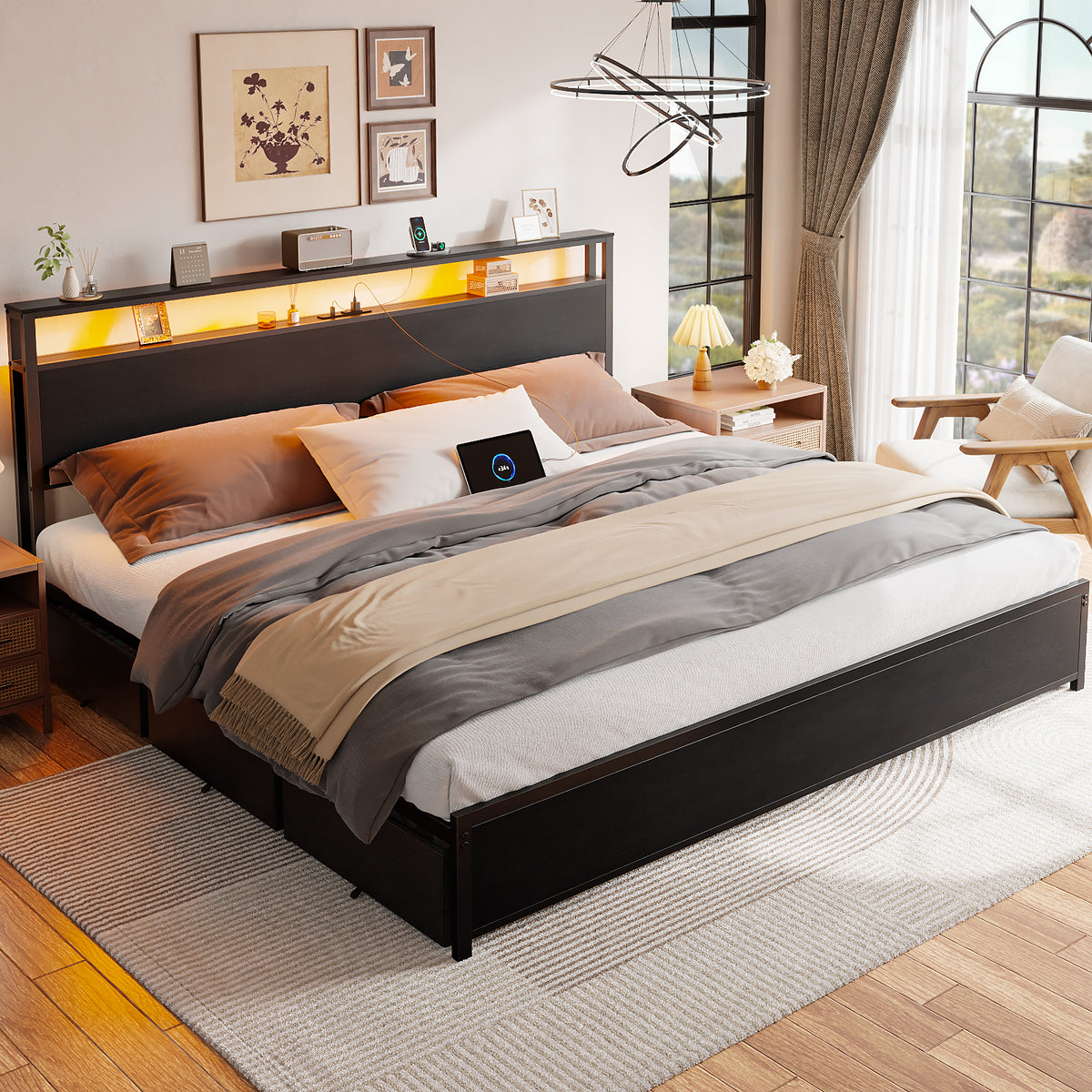 Forestell King Size Bed Frame with Headboard & 6 Drawers, Metal Platform Bed Frame King Size with LED Lights & Charging Station, 2 Tier Shelf Storage Bedframe-No Box Spring Needed, Noise Free, Black