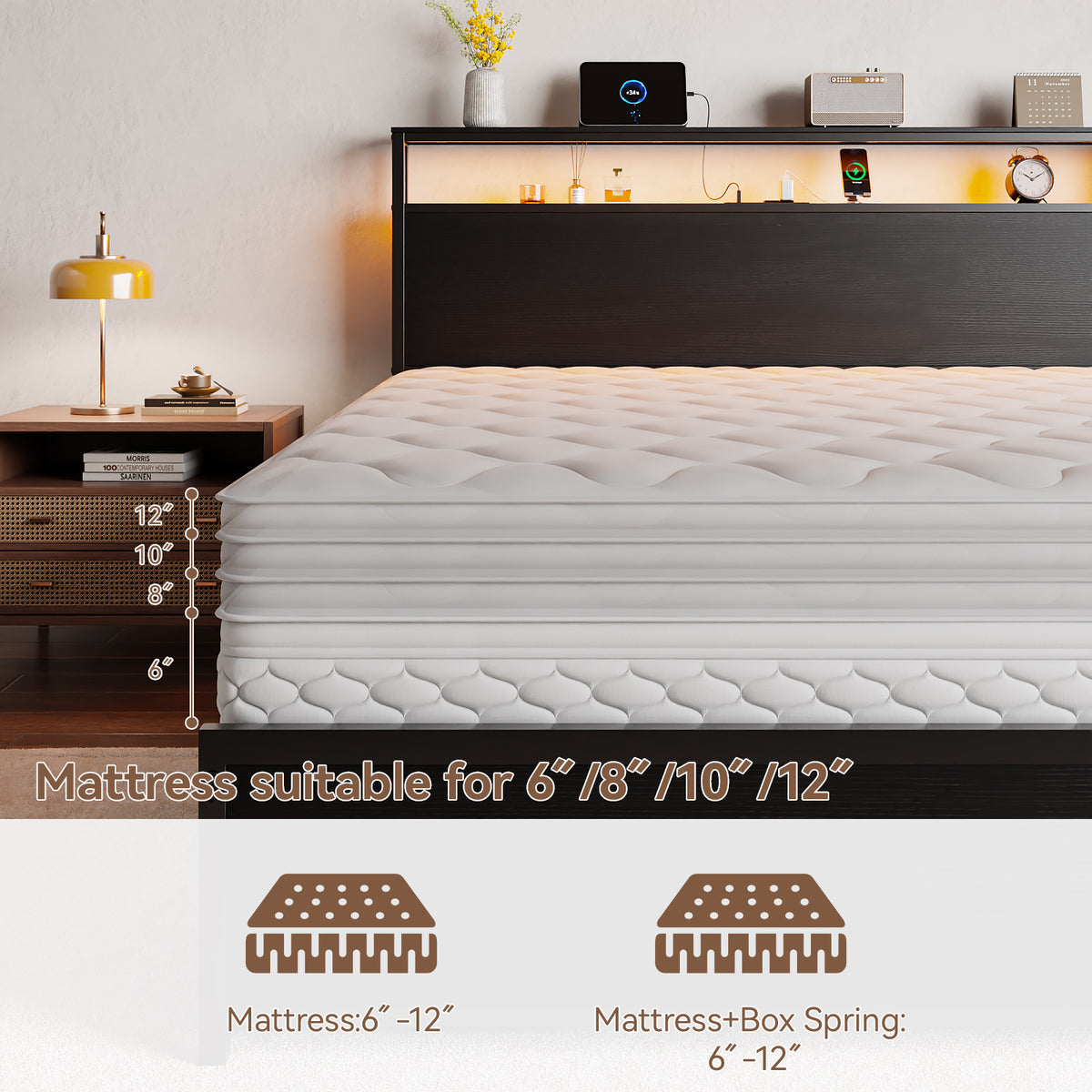 Forestell King Size Bed Frame with Headboard & 6 Drawers, Metal Platform Bed Frame King Size with LED Lights & Charging Station, 2 Tier Shelf Storage Bedframe-No Box Spring Needed, Noise Free, Black
