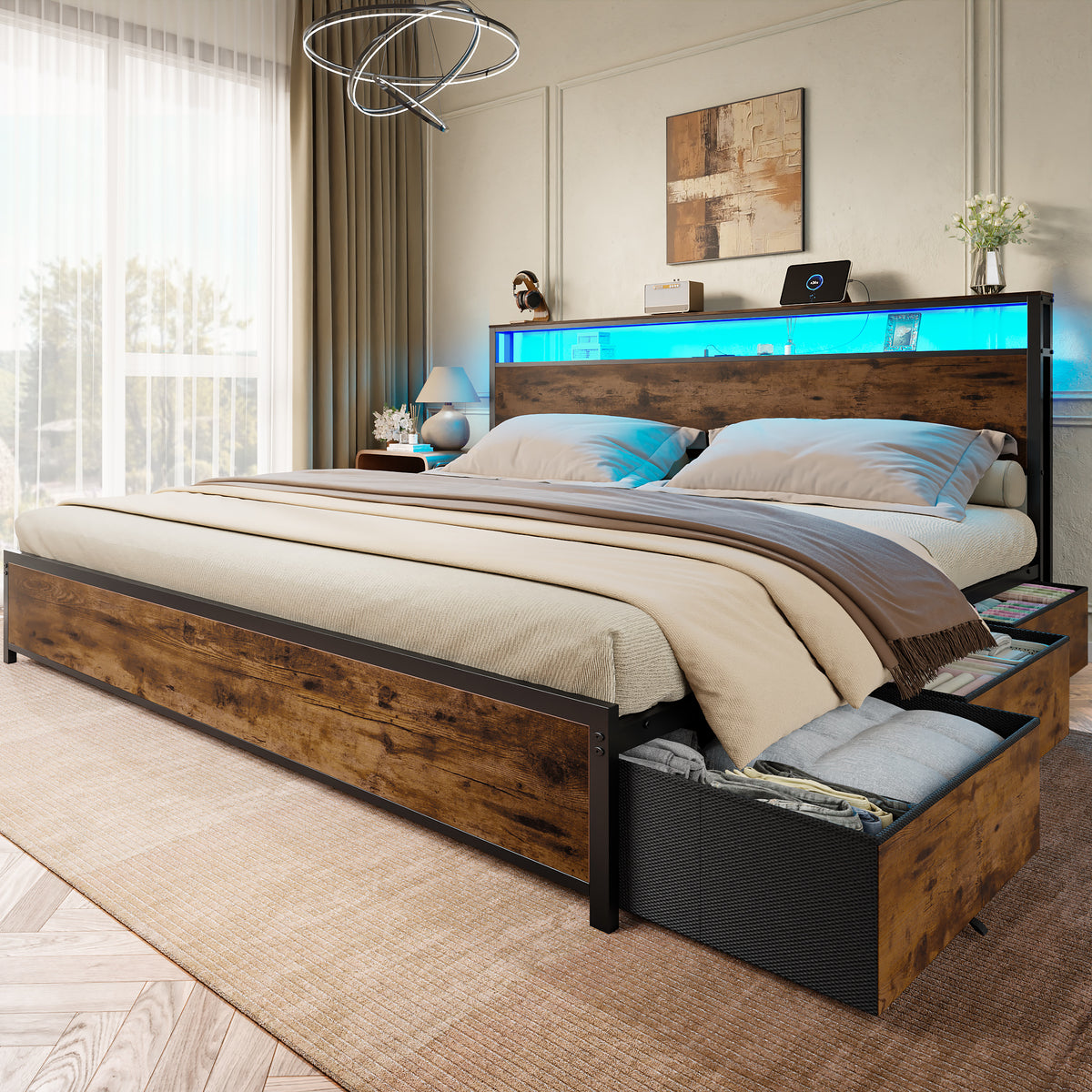 Forestell King Size Bed Frame with Headboard & 6 Drawers, Metal Platform Bed Frame King Size with LED Lights & Charging Station, 2 Tier Shelf Storage Bedframe-No Box Spring Needed, Noise Free, Black