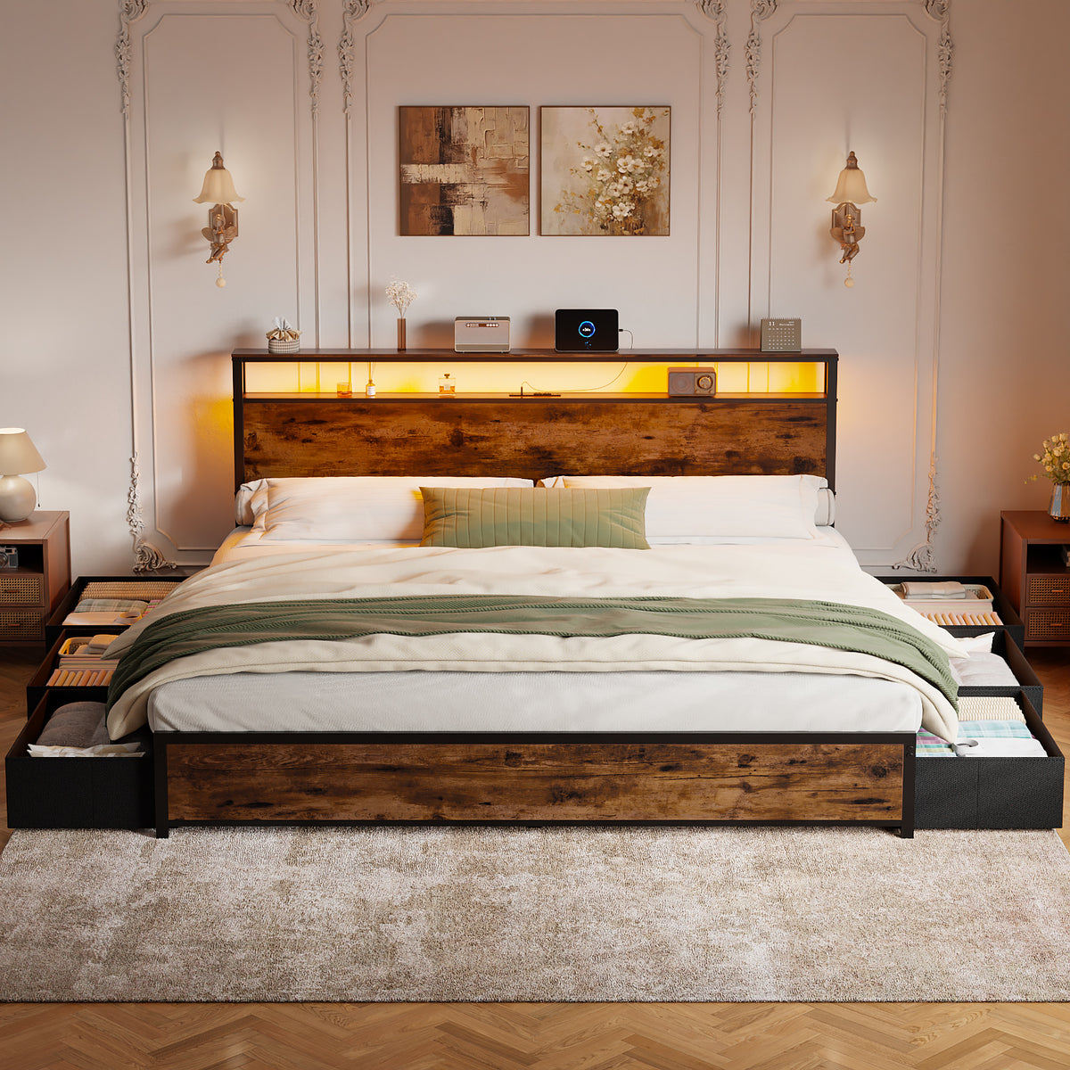 Forestell King Size Bed Frame with Headboard & 6 Drawers, Metal Platform Bed Frame King Size with LED Lights & Charging Station, 2 Tier Shelf Storage Bedframe-No Box Spring Needed, Noise Free, Black