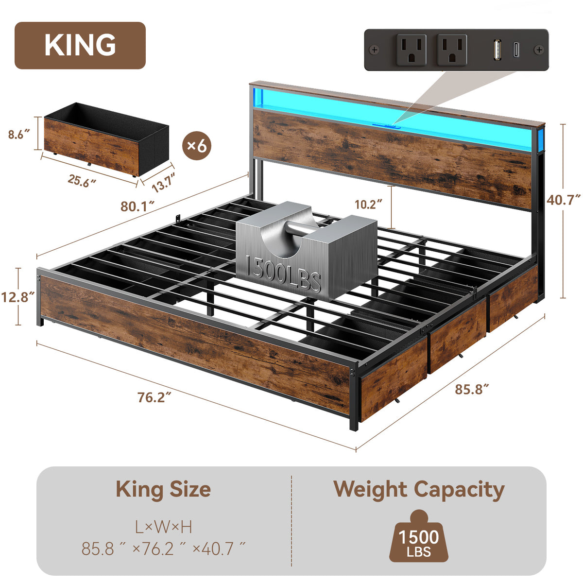 Forestell King Size Bed Frame with Headboard & 6 Drawers, Metal Platform Bed Frame King Size with LED Lights & Charging Station, 2 Tier Shelf Storage Bedframe-No Box Spring Needed, Noise Free, Black