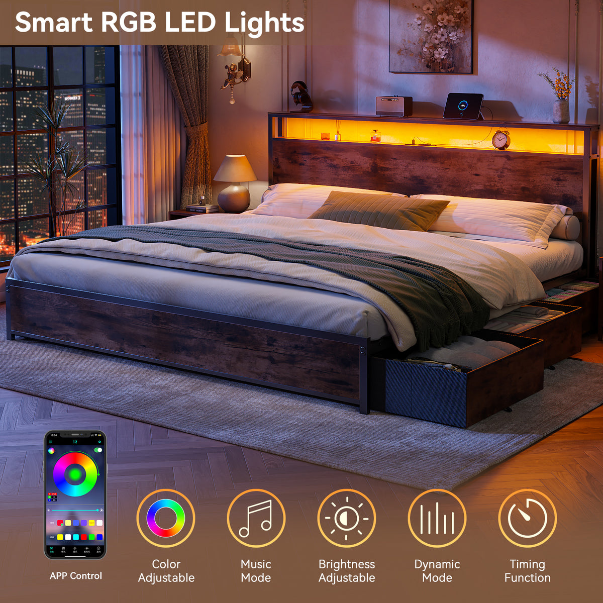 Forestell King Size Bed Frame with Headboard & 6 Drawers, Metal Platform Bed Frame King Size with LED Lights & Charging Station, 2 Tier Shelf Storage Bedframe-No Box Spring Needed, Noise Free, Black