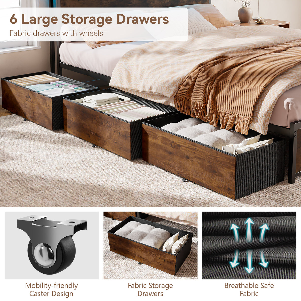 Forestell King Size Bed Frame with Headboard & 6 Drawers, Metal Platform Bed Frame King Size with LED Lights & Charging Station, 2 Tier Shelf Storage Bedframe-No Box Spring Needed, Noise Free, Black