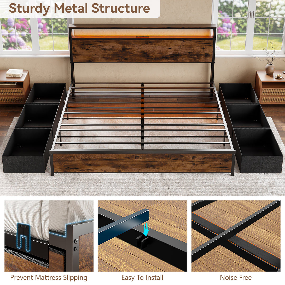 Forestell King Size Bed Frame with Headboard & 6 Drawers, Metal Platform Bed Frame King Size with LED Lights & Charging Station, 2 Tier Shelf Storage Bedframe-No Box Spring Needed, Noise Free, Black