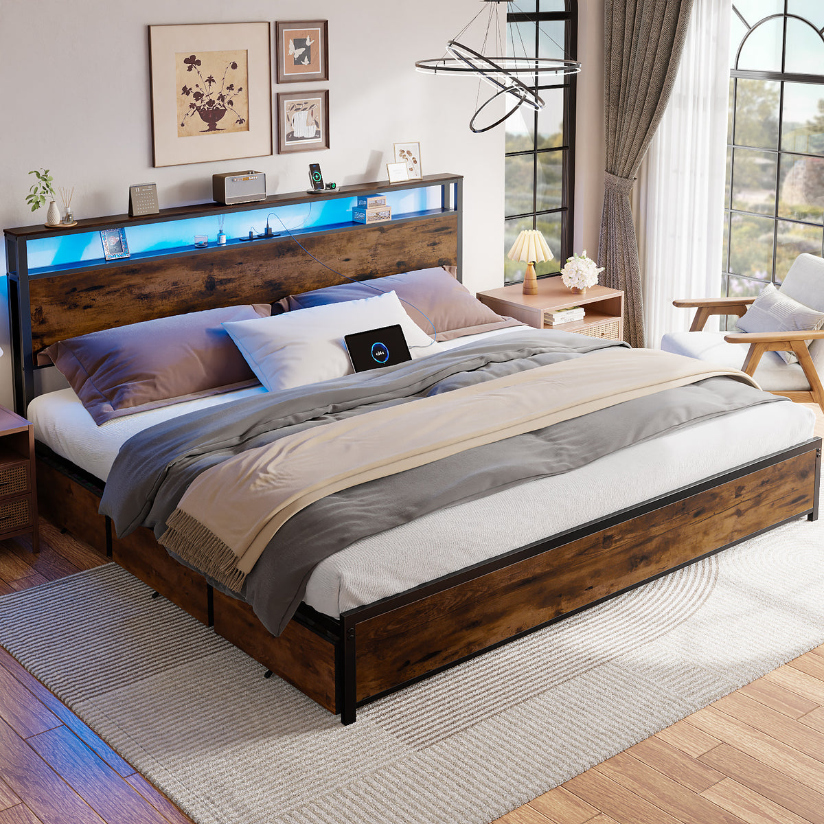 Forestell King Size Bed Frame with Headboard & 6 Drawers, Metal Platform Bed Frame King Size with LED Lights & Charging Station, 2 Tier Shelf Storage Bedframe-No Box Spring Needed, Noise Free, Black