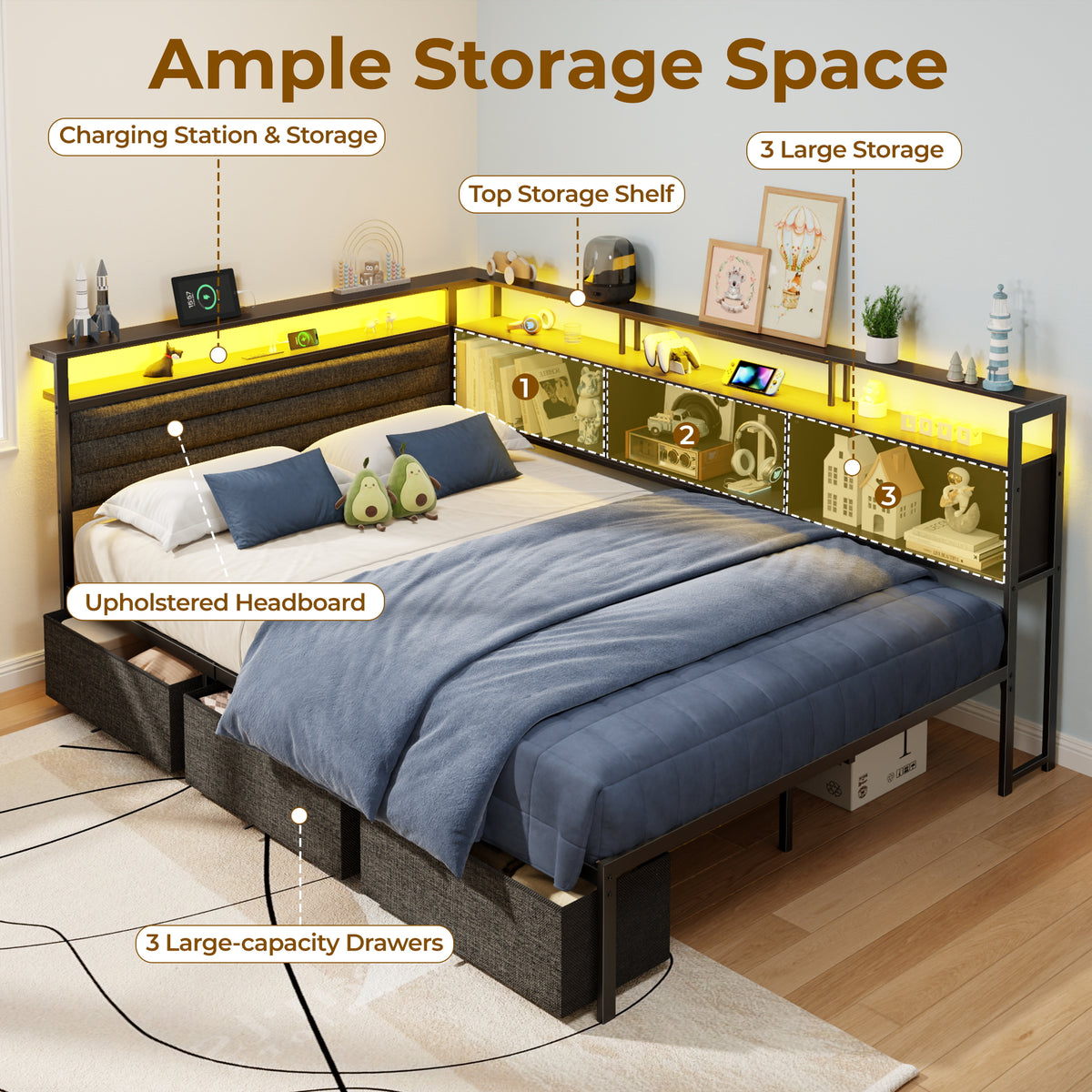 Full Corner Bed Frame with 3 Storage Drawers, LED Lights & Charging