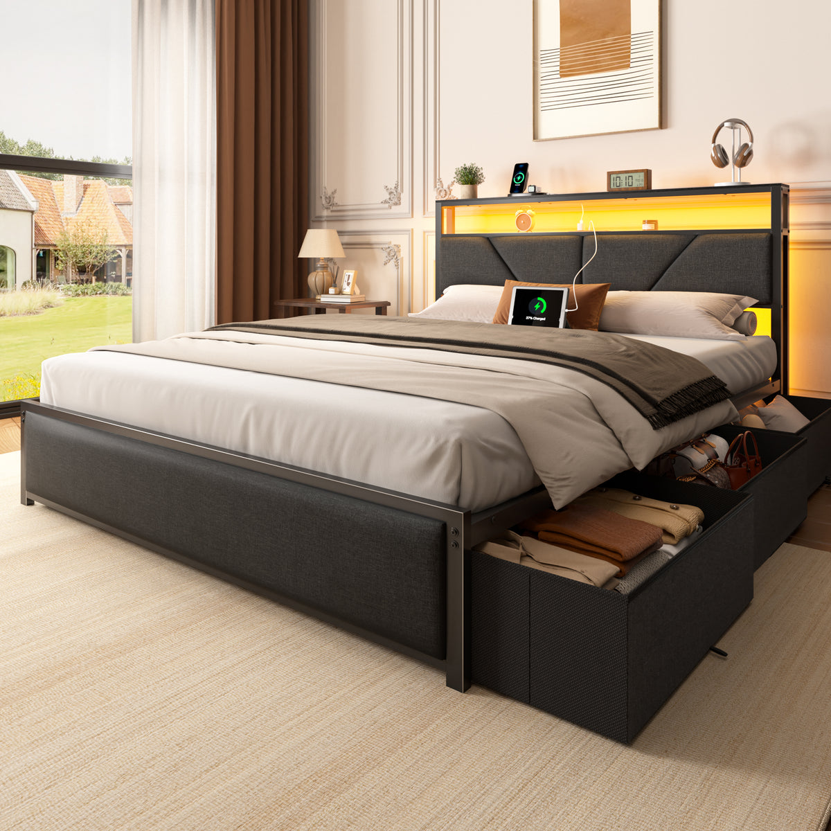 Full Size Bed Frame with Storage Headboard, 6 Drawers, LED&Charging