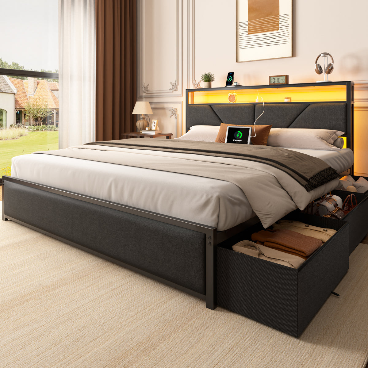 Queen Bed Frame with Storage Headboard, 6 Drawers, LED & Charging