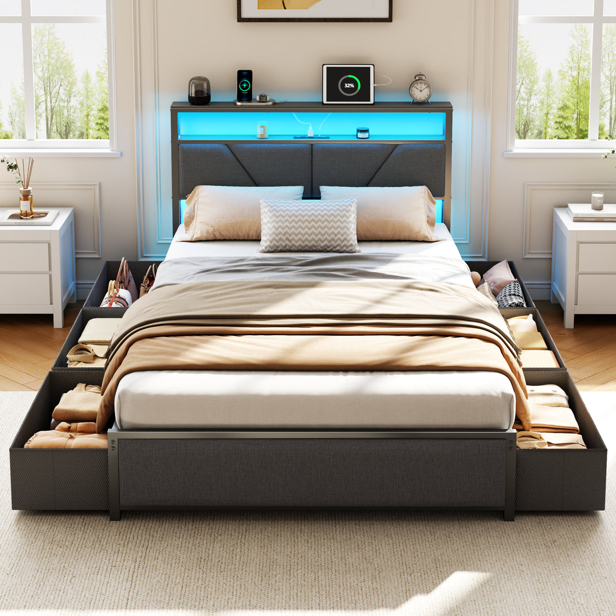 Full Size Bed Frame with Storage Headboard, 6 Drawers, LED&Charging