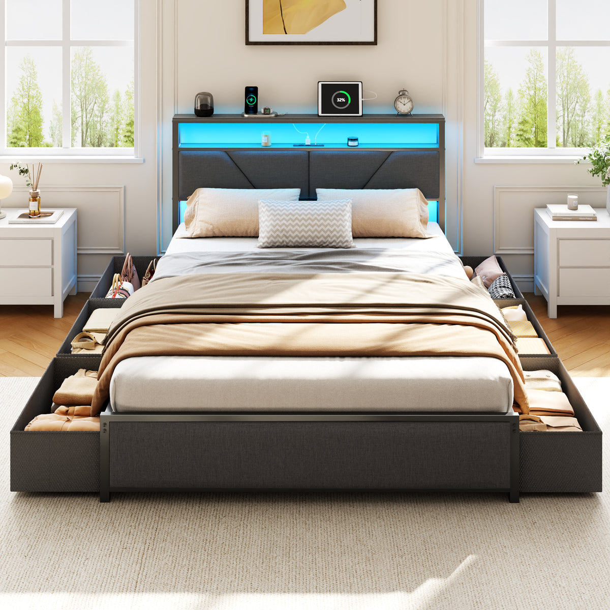 Queen Bed Frame with Storage Headboard, 6 Drawers, LED & Charging
