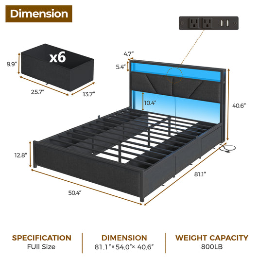 Full Size Bed Frame with Storage Headboard, 6 Drawers, LED&Charging