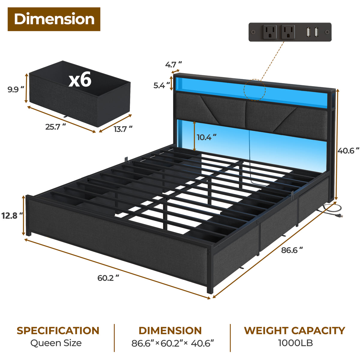 Queen Bed Frame with Storage Headboard, 6 Drawers, LED & Charging