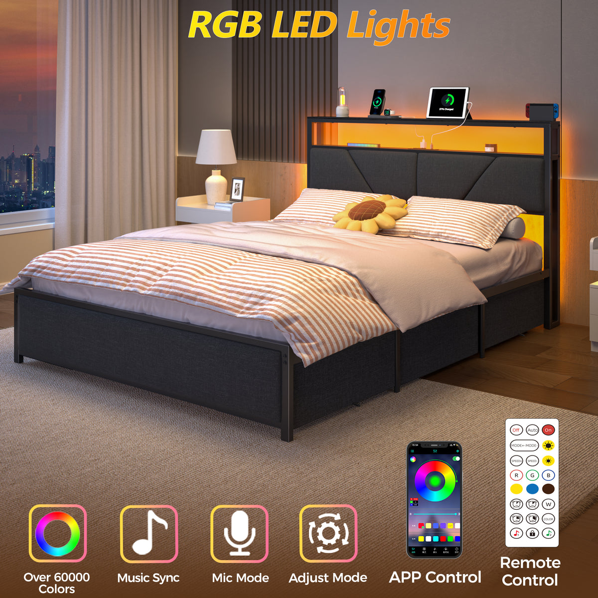 Full Size Bed Frame with Storage Headboard, 6 Drawers, LED&Charging