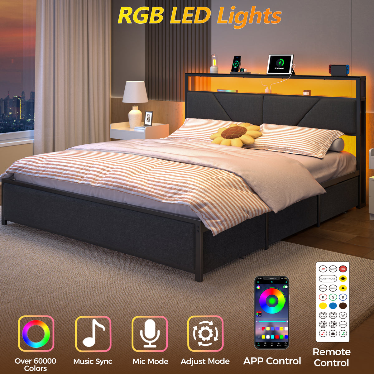 Queen Bed Frame with Storage Headboard, 6 Drawers, LED & Charging