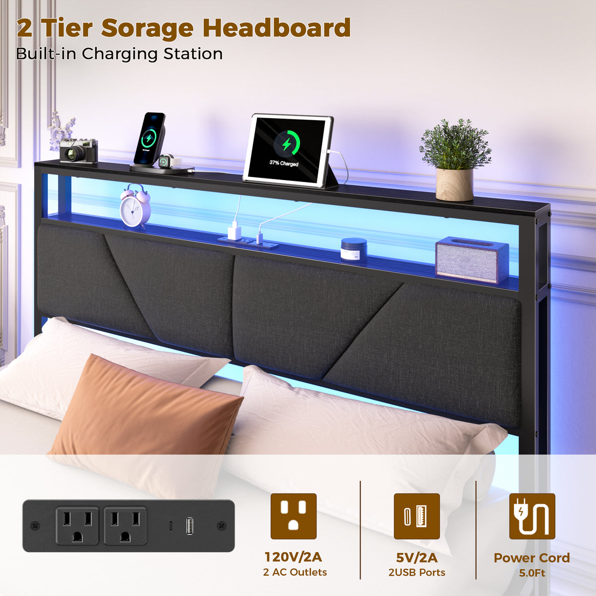 Full Size Bed Frame with Storage Headboard, 6 Drawers, LED&Charging