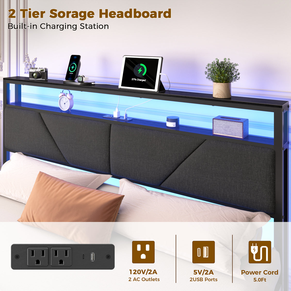 Queen Bed Frame with Storage Headboard, 6 Drawers, LED & Charging