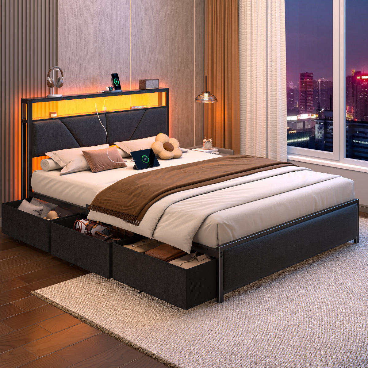 Full Size Bed Frame with Storage Headboard, 6 Drawers, LED&Charging