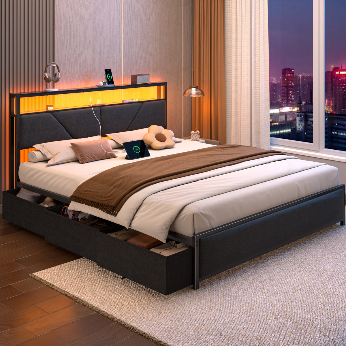 Queen Bed Frame with Storage Headboard, 6 Drawers, LED & Charging