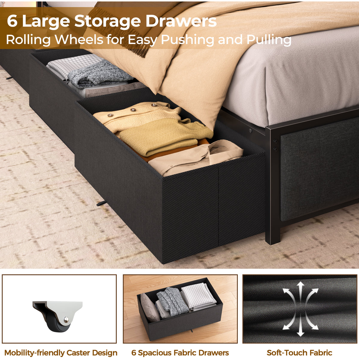 Full Size Bed Frame with Storage Headboard, 6 Drawers, LED&Charging