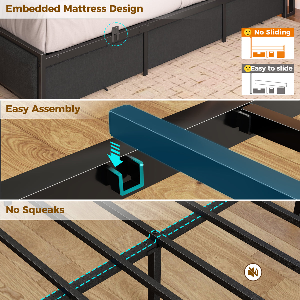 Queen Bed Frame with Storage Headboard, 6 Drawers, LED & Charging