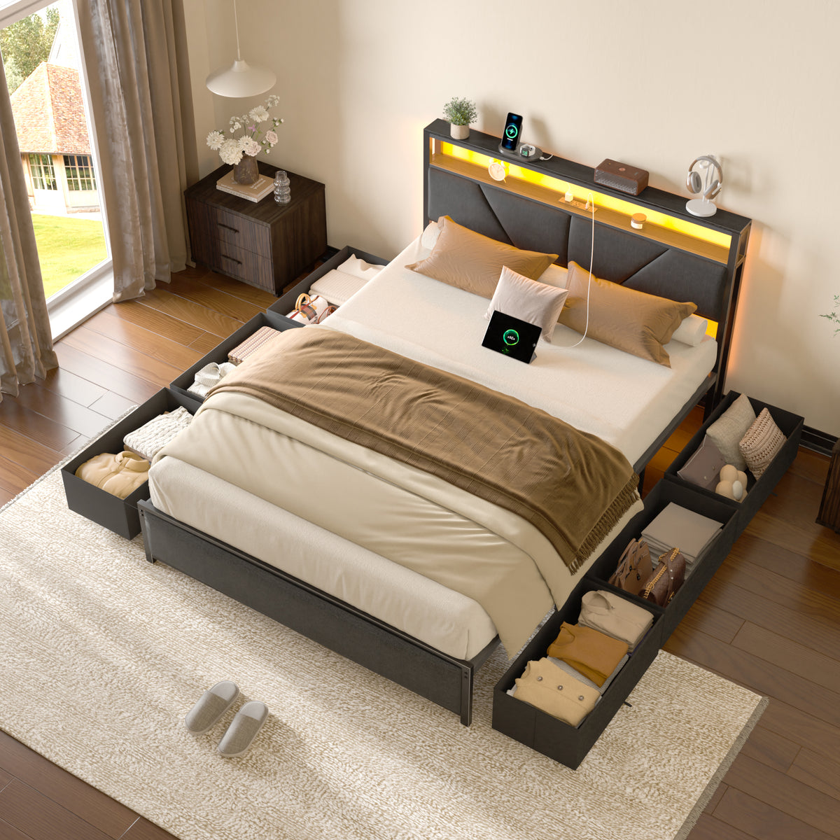 Full Size Bed Frame with Storage Headboard, 6 Drawers, LED&Charging