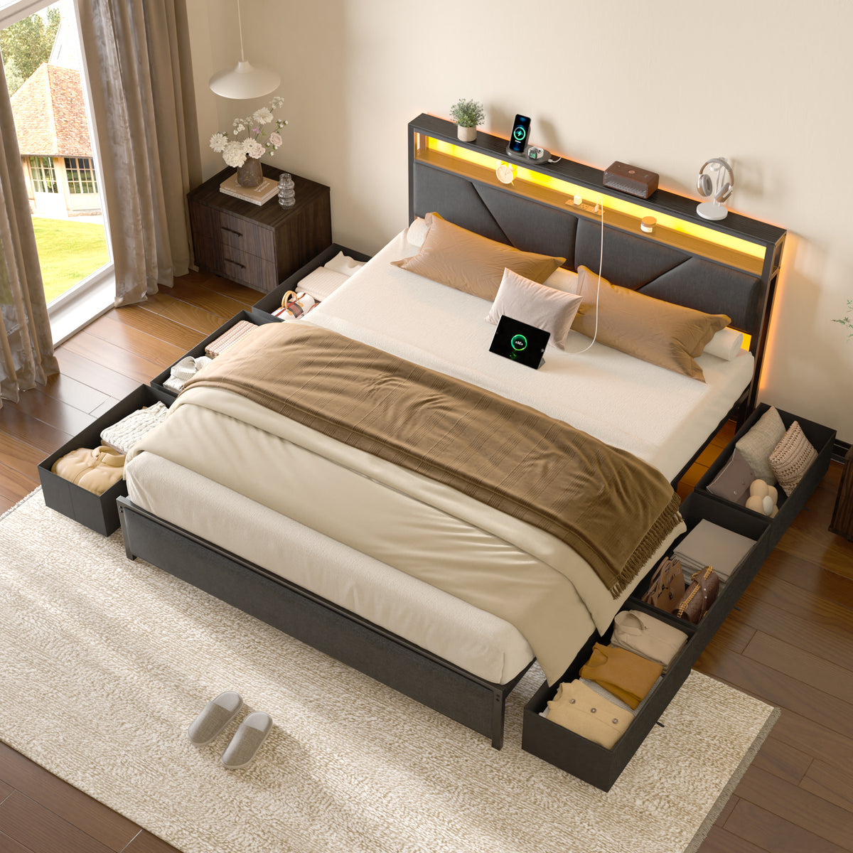 Queen Bed Frame with Storage Headboard, 6 Drawers, LED & Charging