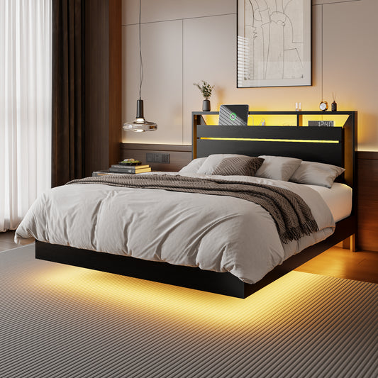 Forestell Floating Full Size Bed Frame with Headboard, Charging Station & LED Lights, Platform Bed with Heavy Duty Slat Support, 2-Tier Wood Shelf, USB, Type-C & AC Ports, No Box Spring Needed, Noise-Free, Black