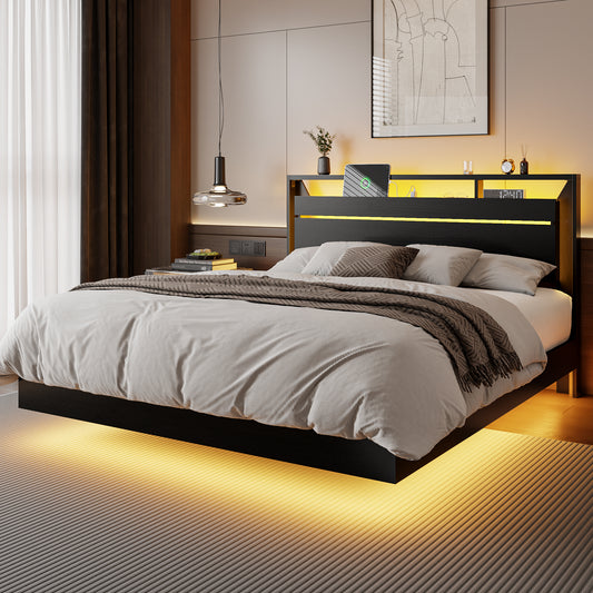 Forestell Floating Queen Bed Frame with Headboard, Charging Station & LED Lights, Platform Bed with Heavy Duty Slat Support, 2-Tier Wood Shelf, USB, Type-C & AC Ports, No Box Spring Needed, Noise-Free, Black