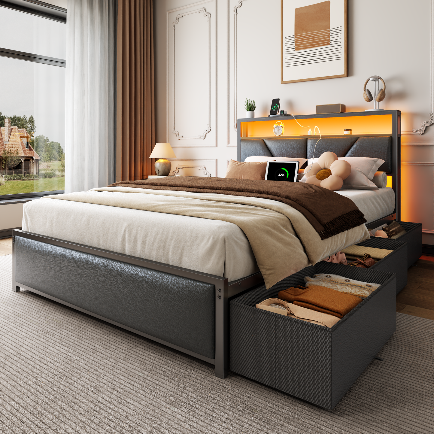 Full Size Bed Frame, 2-Tier Storage Headboard & 6 Drawers, PU Leather Upholstered Platform Bed Frame Full with Charging Station and LED Lights, No Box Spring Needed, Noise Free