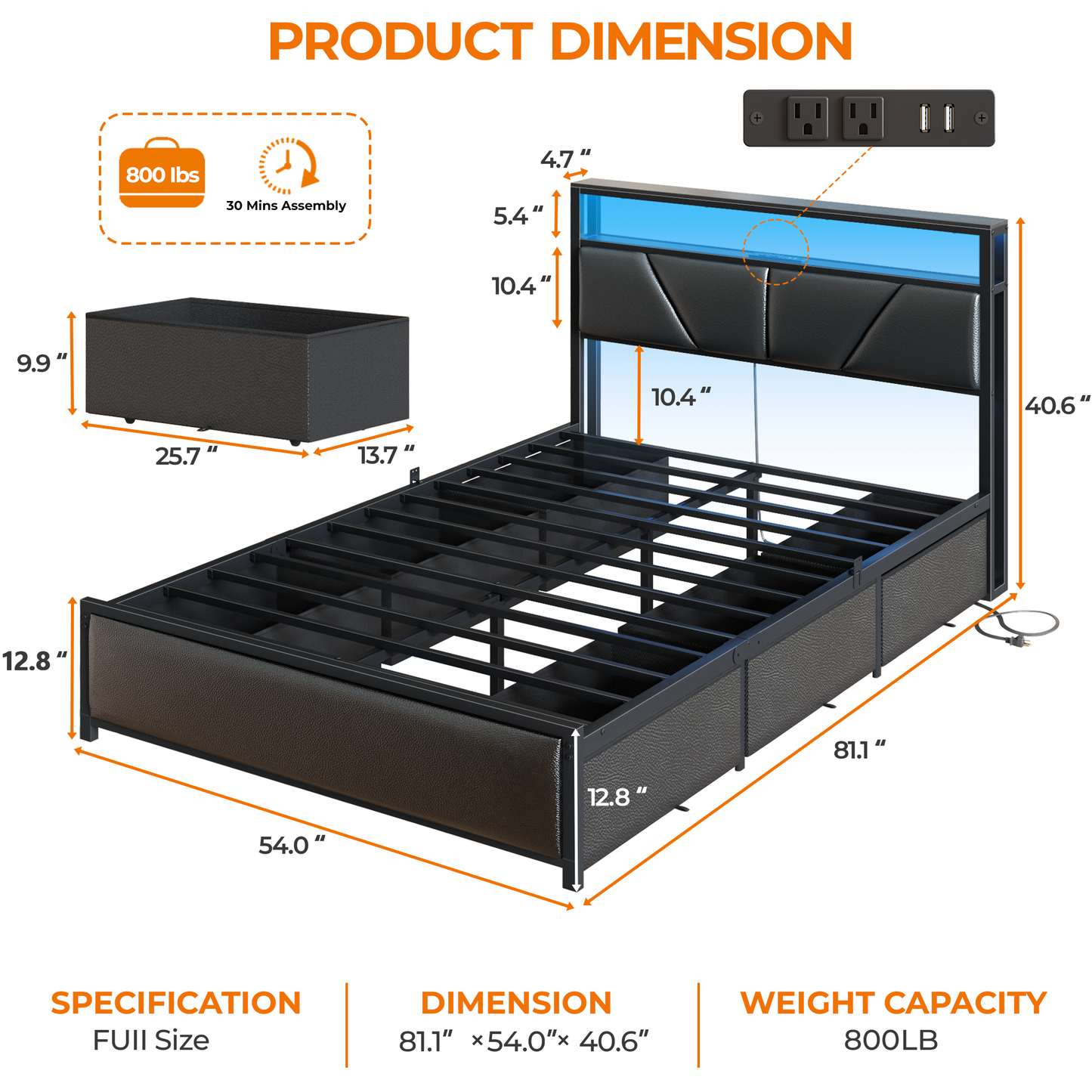 Full Size Bed Frame, 2-Tier Storage Headboard & 6 Drawers, PU Leather Upholstered Platform Bed Frame Full with Charging Station and LED Lights, No Box Spring Needed, Noise Free