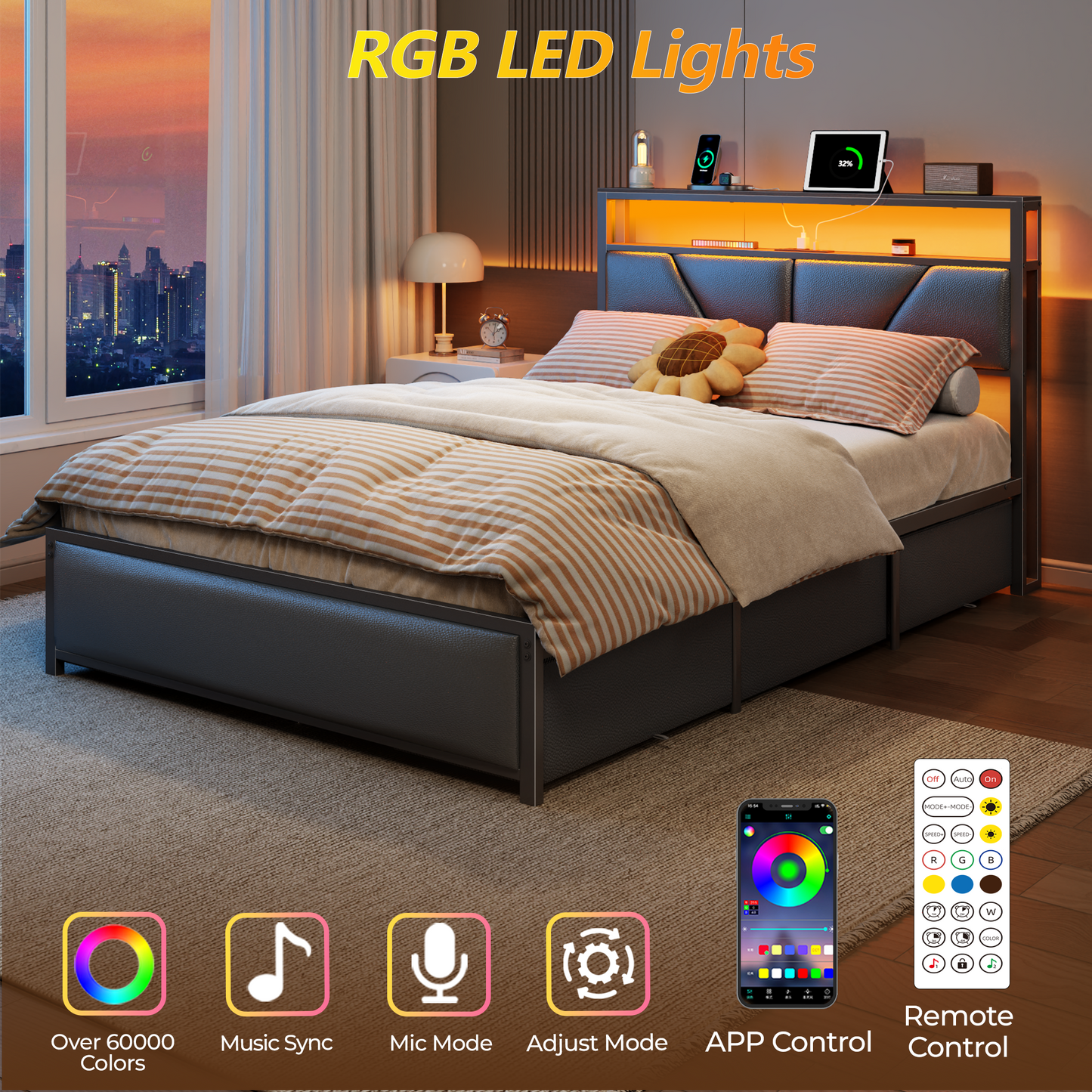 Full Size Bed Frame, 2-Tier Storage Headboard & 6 Drawers, PU Leather Upholstered Platform Bed Frame Full with Charging Station and LED Lights, No Box Spring Needed, Noise Free