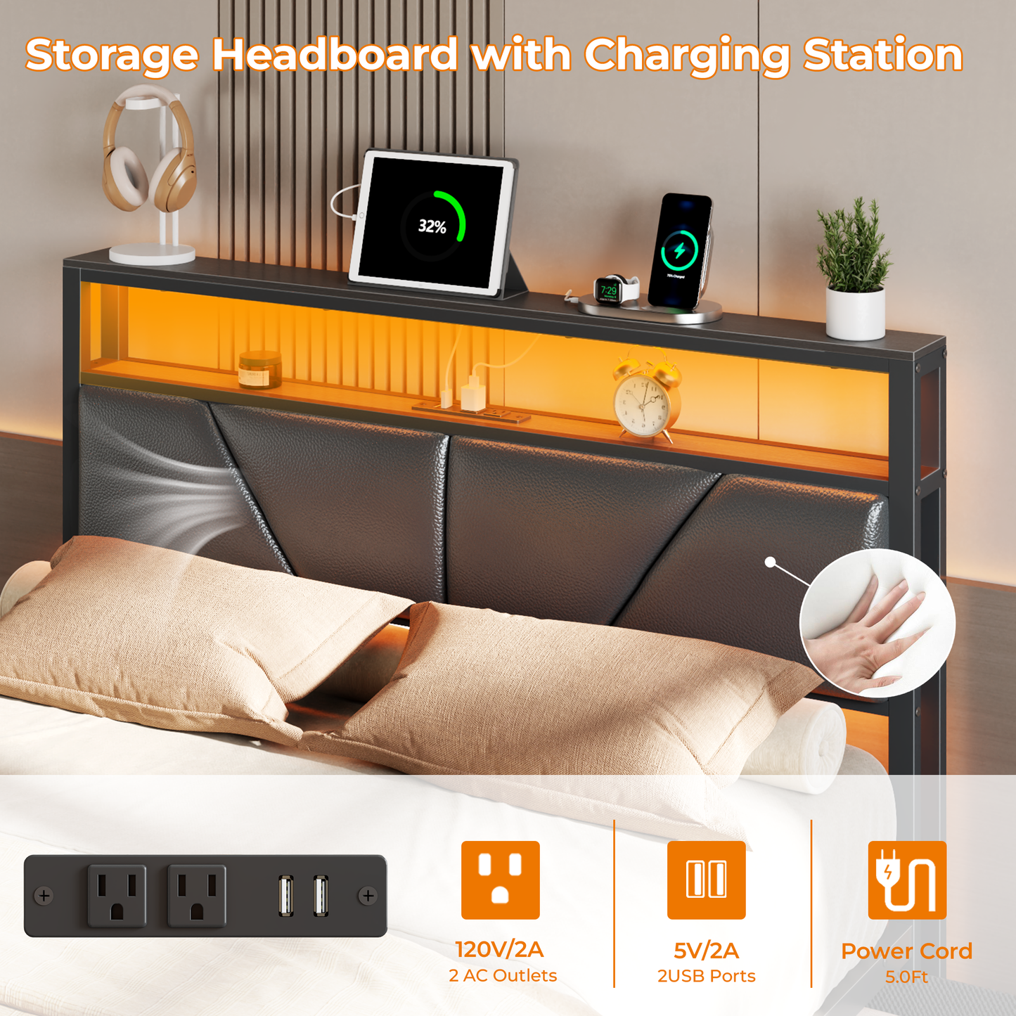 Full Size Bed Frame, 2-Tier Storage Headboard & 6 Drawers, PU Leather Upholstered Platform Bed Frame Full with Charging Station and LED Lights, No Box Spring Needed, Noise Free