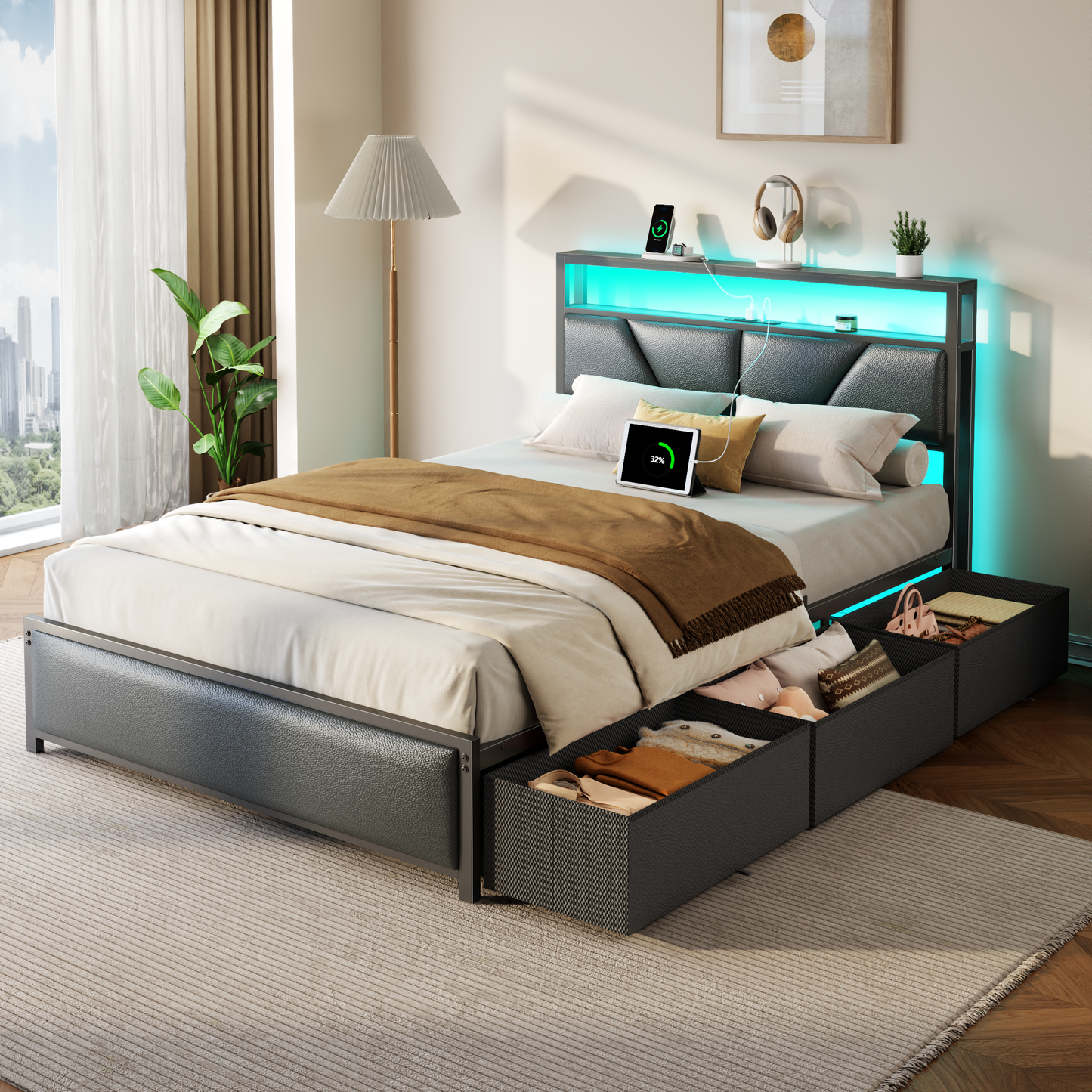 Full Size Bed Frame, 2-Tier Storage Headboard & 6 Drawers, PU Leather Upholstered Platform Bed Frame Full with Charging Station and LED Lights, No Box Spring Needed, Noise Free