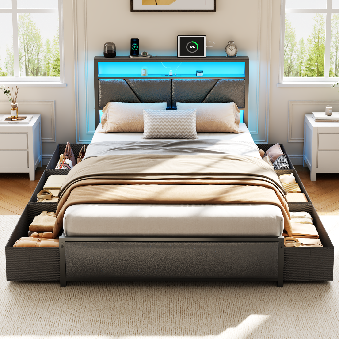 Full Size Bed Frame, 2-Tier Storage Headboard & 6 Drawers, PU Leather Upholstered Platform Bed Frame Full with Charging Station and LED Lights, No Box Spring Needed, Noise Free