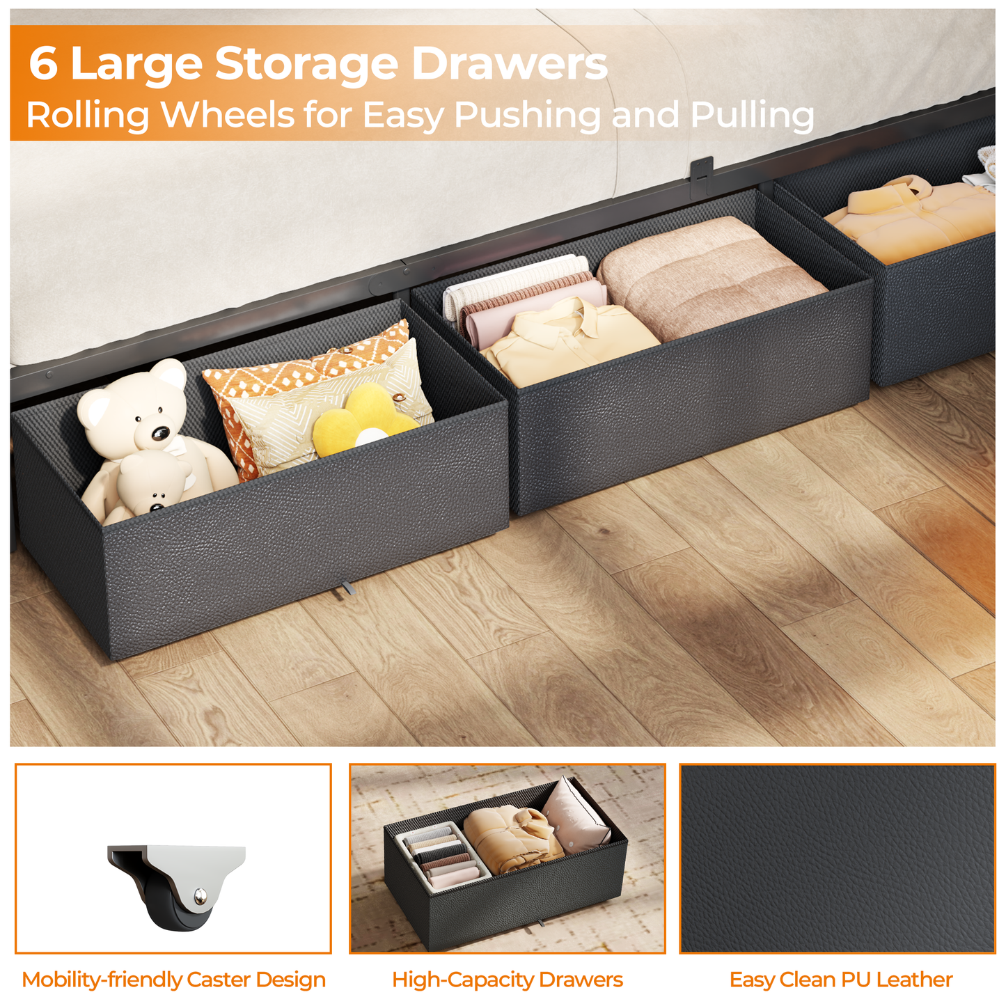 Full Size Bed Frame, 2-Tier Storage Headboard & 6 Drawers, PU Leather Upholstered Platform Bed Frame Full with Charging Station and LED Lights, No Box Spring Needed, Noise Free